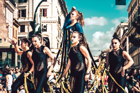 Rome Italy September 29, 2019 Celebrations of the 150th anniversary of the Italian gymnastics federation, public demonstration of young gymnasts in the streets of Rome near the Coliseumのeditorial素材