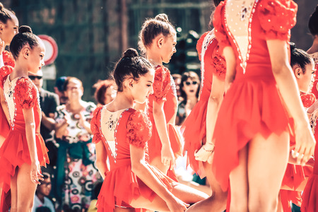 Rome Italy September 29, 2019 Celebrations of the 150th anniversary of the Italian gymnastics federation, public demonstration of young gymnasts in the streets of Rome near the Coliseumのeditorial素材