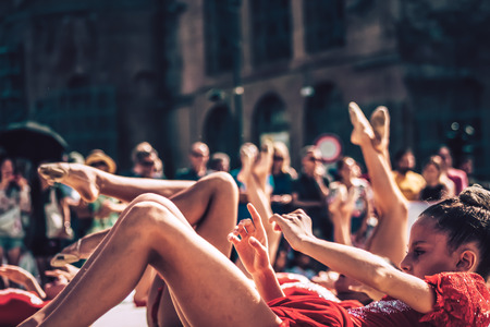 Rome Italy September 29, 2019 Celebrations of the 150th anniversary of the Italian gymnastics federation, public demonstration of young gymnasts in the streets of Rome near the Coliseumのeditorial素材