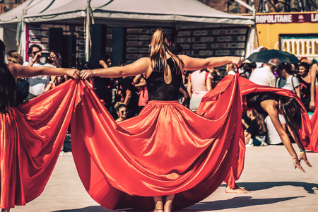 Rome Italy September 29, 2019 Celebrations of the 150th anniversary of the Italian gymnastics federation, public demonstration of young gymnasts in the streets of Rome near the Coliseumのeditorial素材