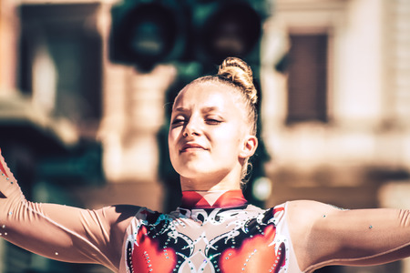 Rome Italy September 29, 2019 Celebrations of the 150th anniversary of the Italian gymnastics federation, public demonstration of young gymnasts in the streets of Rome near the Coliseumのeditorial素材