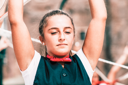 Rome Italy September 29, 2019 Celebrations of the 150th anniversary of the Italian gymnastics federation, public demonstration of young gymnasts in the streets of Rome near the Coliseumのeditorial素材