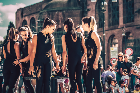 Rome Italy September 29, 2019 Celebrations of the 150th anniversary of the Italian gymnastics federation, public demonstration of young gymnasts in the streets of Rome near the Coliseumのeditorial素材
