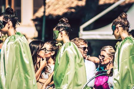 Rome Italy September 29, 2019 Celebrations of the 150th anniversary of the Italian gymnastics federation, public demonstration of young gymnasts in the streets of Rome near the Coliseumのeditorial素材