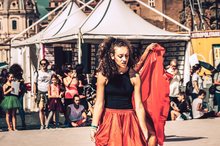 Rome Italy September 29, 2019 Celebrations of the 150th anniversary of the Italian gymnastics federation, public demonstration of young gymnasts in the streets of Rome near the Coliseumのeditorial素材