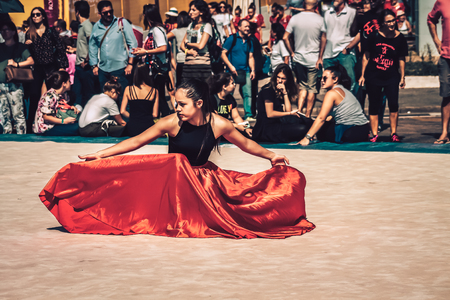 Rome Italy September 29, 2019 Celebrations of the 150th anniversary of the Italian gymnastics federation, public demonstration of young gymnasts in the streets of Rome near the Coliseumのeditorial素材