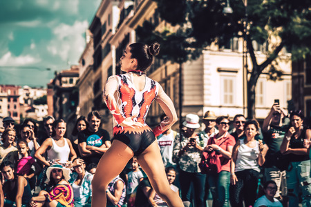 Rome Italy September 29, 2019 Celebrations of the 150th anniversary of the Italian gymnastics federation, public demonstration of young gymnasts in the streets of Rome near the Coliseumのeditorial素材