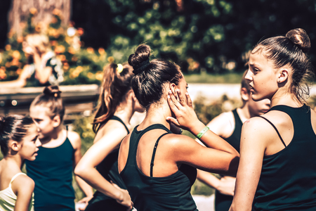 Rome Italy September 29, 2019 Celebrations of the 150th anniversary of the Italian gymnastics federation, public demonstration of young gymnasts in the streets of Rome near the Coliseumのeditorial素材