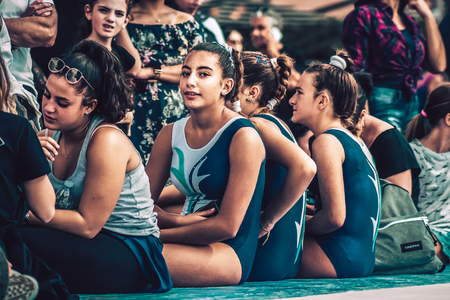 Rome Italy September 29, 2019 Celebrations of the 150th anniversary of the Italian gymnastics federation, public demonstration of young gymnasts in the streets of Rome near the Coliseumのeditorial素材