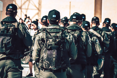 Jerusalem Israel October 6, 2019 View of the Israeli police patrolling in front of the western wall in the old city of Jerusalem in the afternoonのeditorial素材