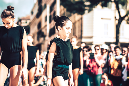 Rome Italy September 29, 2019 Celebrations of the 150th anniversary of the Italian gymnastics federation, public demonstration of young gymnasts in the streets of Rome near the Coliseumのeditorial素材