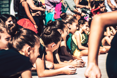 Rome Italy September 29, 2019 Celebrations of the 150th anniversary of the Italian gymnastics federation, public demonstration of young gymnasts in the streets of Rome near the Coliseumのeditorial素材