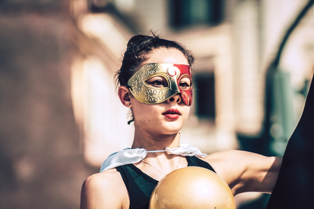 Rome Italy September 29, 2019 Celebrations of the 150th anniversary of the Italian gymnastics federation, public demonstration of young gymnasts in the streets of Rome near the Coliseumのeditorial素材