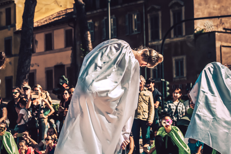 Rome Italy September 29, 2019 Celebrations of the 150th anniversary of the Italian gymnastics federation, public demonstration of young gymnasts in the streets of Rome near the Coliseumのeditorial素材