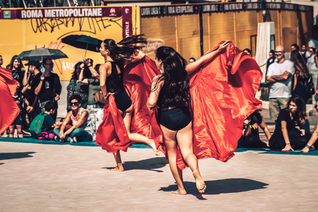 Rome Italy September 29, 2019 Celebrations of the 150th anniversary of the Italian gymnastics federation, public demonstration of young gymnasts in the streets of Rome near the Coliseumのeditorial素材