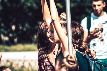 Rome Italy September 29, 2019 Celebrations of the 150th anniversary of the Italian gymnastics federation, public demonstration of young gymnasts in the streets of Rome near the Coliseumのeditorial素材