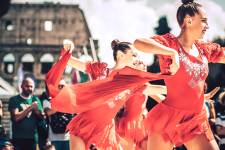 Rome Italy September 29, 2019 Celebrations of the 150th anniversary of the Italian gymnastics federation, public demonstration of young gymnasts in the streets of Rome near the Coliseumのeditorial素材