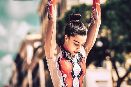 Rome Italy September 29, 2019 Celebrations of the 150th anniversary of the Italian gymnastics federation, public demonstration of young gymnasts in the streets of Rome near the Coliseumのeditorial素材