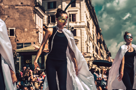 Rome Italy September 29, 2019 Celebrations of the 150th anniversary of the Italian gymnastics federation, public demonstration of young gymnasts in the streets of Rome near the Coliseumのeditorial素材