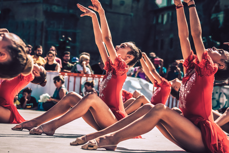 Rome Italy September 29, 2019 Celebrations of the 150th anniversary of the Italian gymnastics federation, public demonstration of young gymnasts in the streets of Rome near the Coliseumのeditorial素材