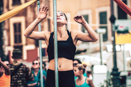 Rome Italy September 29, 2019 Celebrations of the 150th anniversary of the Italian gymnastics federation, public demonstration of young gymnasts in the streets of Rome near the Coliseumのeditorial素材
