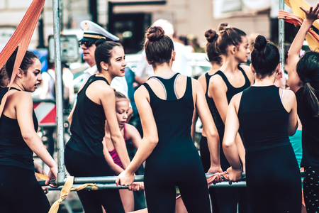Rome Italy September 29, 2019 Celebrations of the 150th anniversary of the Italian gymnastics federation, public demonstration of young gymnasts in the streets of Rome near the Coliseumのeditorial素材
