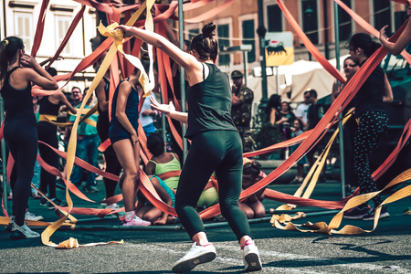 Rome Italy September 29, 2019 Celebrations of the 150th anniversary of the Italian gymnastics federation, public demonstration of young gymnasts in the streets of Rome near the Coliseumのeditorial素材