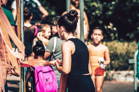 Rome Italy September 29, 2019 Celebrations of the 150th anniversary of the Italian gymnastics federation, public demonstration of young gymnasts in the streets of Rome near the Coliseumのeditorial素材