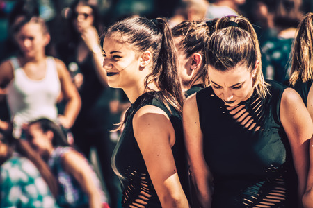 Rome Italy September 29, 2019 Celebrations of the 150th anniversary of the Italian gymnastics federation, public demonstration of young gymnasts in the streets of Rome near the Coliseumのeditorial素材