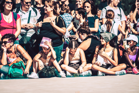 Rome Italy September 29, 2019 Celebrations of the 150th anniversary of the Italian gymnastics federation, public demonstration of young gymnasts in the streets of Rome near the Coliseumのeditorial素材