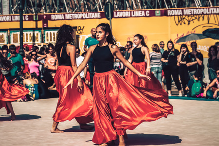 Rome Italy September 29, 2019 Celebrations of the 150th anniversary of the Italian gymnastics federation, public demonstration of young gymnasts in the streets of Rome near the Coliseumのeditorial素材