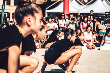 Rome Italy September 29, 2019 Celebrations of the 150th anniversary of the Italian gymnastics federation, public demonstration of young gymnasts in the streets of Rome near the Coliseumのeditorial素材