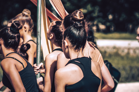 Rome Italy September 29, 2019 Celebrations of the 150th anniversary of the Italian gymnastics federation, public demonstration of young gymnasts in the streets of Rome near the Coliseumのeditorial素材