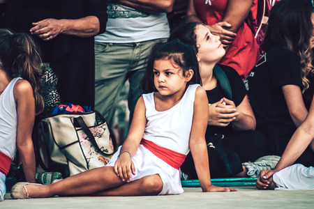 Rome Italy September 29, 2019 Celebrations of the 150th anniversary of the Italian gymnastics federation, public demonstration of young gymnasts in the streets of Rome near the Coliseumのeditorial素材