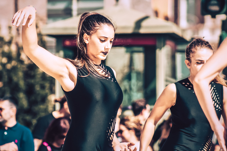 Rome Italy September 29, 2019 Celebrations of the 150th anniversary of the Italian gymnastics federation, public demonstration of young gymnasts in the streets of Rome near the Coliseumのeditorial素材