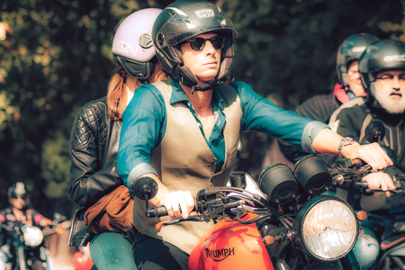 Rome Italy September 29, 2019 View of unknowns bikers rolling through the streets of Rome in the afternoonのeditorial素材