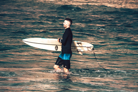 Tel Aviv Israel October 07, 2019 View of unknown Israeli people practicing surfing on Tel Aviv beach...