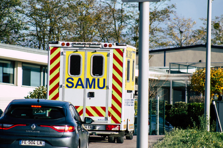 Reims France November 7, 2019 View of an ambulance rolling in the streets of Reims in the afternoon