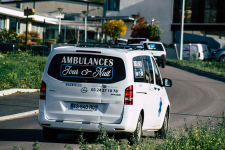 Reims France November 7, 2019 View of an ambulance rolling in the streets of Reims in the afternoonのeditorial素材