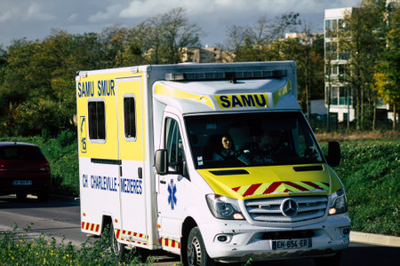Reims France November 7, 2019 View of an ambulance rolling in the streets of Reims in the afternoon
