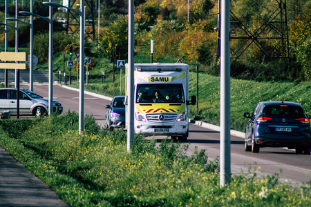 Reims France November 7, 2019 View of an ambulance rolling in the streets of Reims in the afternoonのeditorial素材