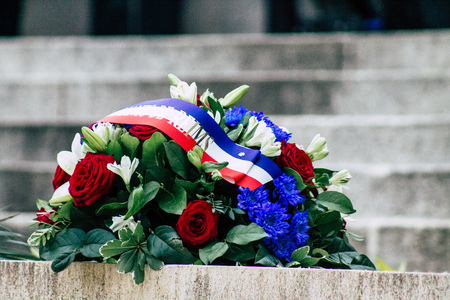 Reims France November 11, 2019 View of wreath of flowers at the Armistice commemoration ceremony in...