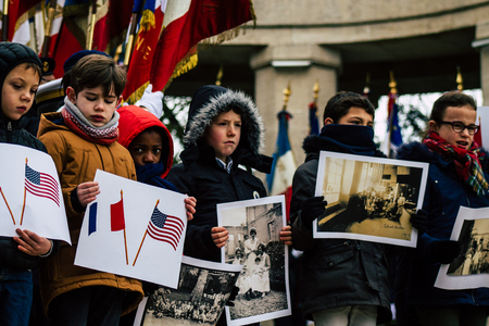 Reims France November 11, 2019 View of unknowns children participating in the commemoration ceremony of the Armistice in the morning in Reimsのeditorial素材