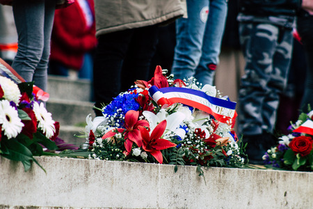 Reims France November 11, 2019 View of wreath of flowers at the Armistice commemoration ceremony in the morning in Reimsのeditorial素材