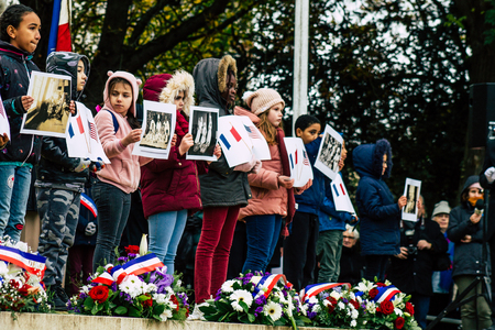Reims France November 11, 2019 View of unknowns children participating in the commemoration ceremony of the Armistice in the morning in Reimsのeditorial素材