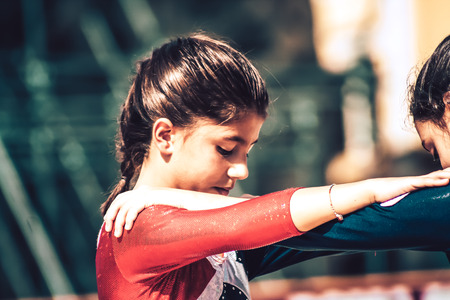 Rome Italy September 29, 2019 Celebrations of the 150th anniversary of the Italian gymnastics federation, public demonstration of young gymnasts in the streets of Rome near the Coliseumのeditorial素材