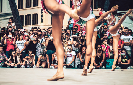 Rome Italy September 29, 2019 Celebrations of the 150th anniversary of the Italian gymnastics federation, public demonstration of young gymnasts in the streets of Rome near the Coliseumのeditorial素材