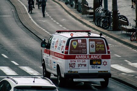 Tel Aviv Israel December 08, 2019 View of a Israeli ambulance rolling in the streets of Tel Aviv in the afternoonの写真素材