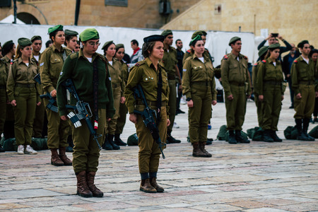 Jerusalem Israel December 11, 2019 View of Israeli soldiers participating in a military ceremony front the Western Wall of the old city of Jerusalem on the eveningのeditorial素材