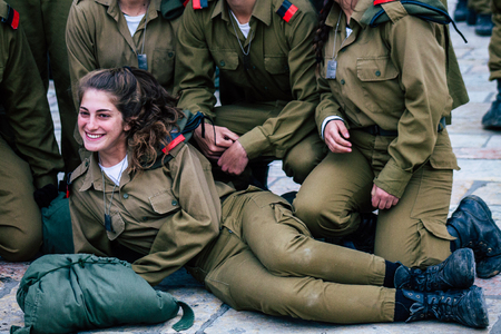 Jerusalem Israel December 11, 2019 View of Israeli soldiers having fun front the Western Wall of the...